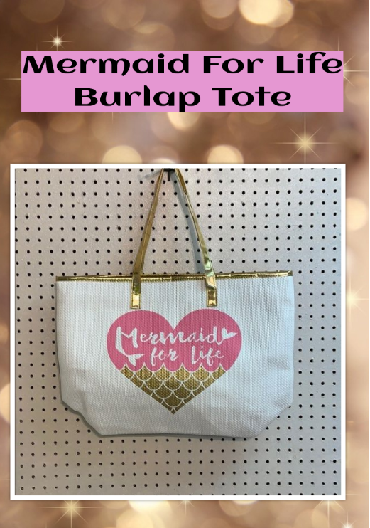 "Mermaid For Life" Burlap Large Tote Trimmed in Gold.