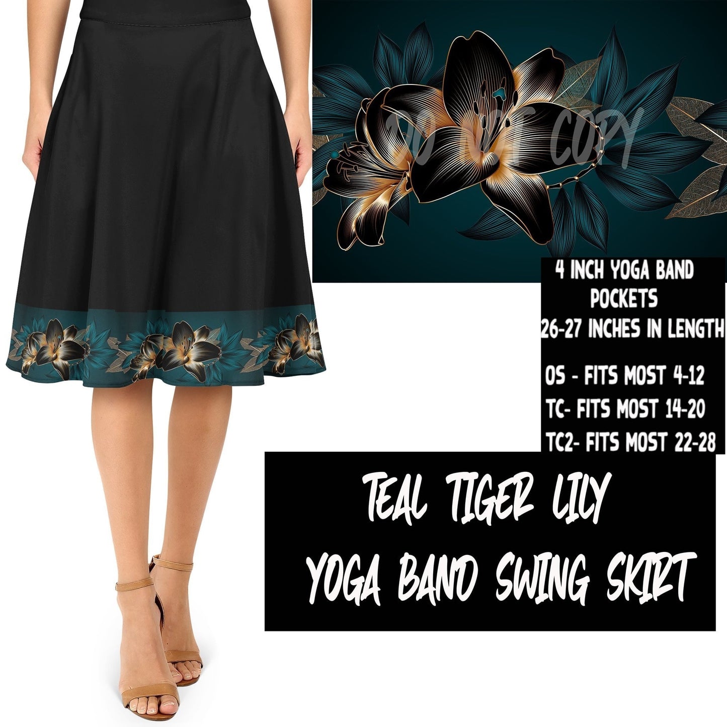 LAST ONE LEFT OS, Teal Tiger Lily Yoga Band Skirt with Pockets