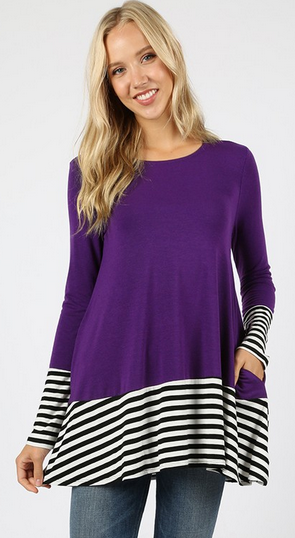 Premium Soft Fabric Striped & Solid Contrast, Round Neck Long Sleeve Top