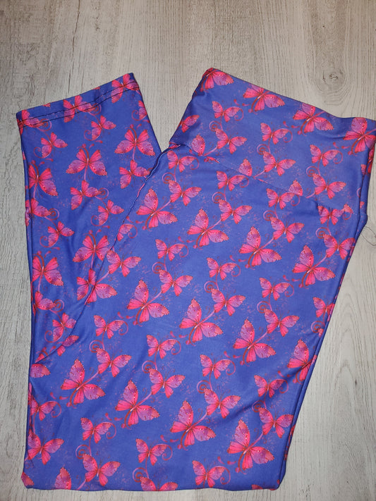 Purple CAPRI with Pink Butterfly. High Waist, Yoga Band, Very Soft and Stretchy!