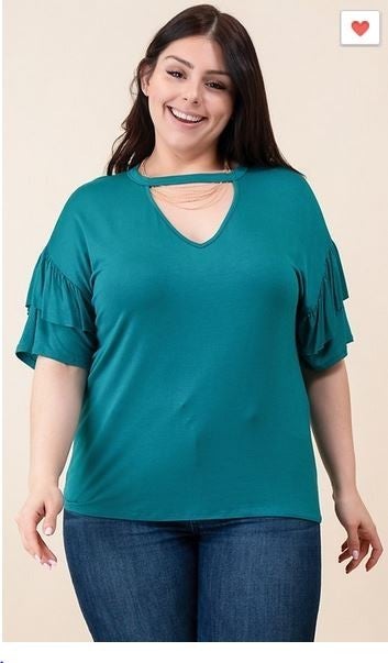 RUNS BIG, SIZE DOWN Soft & Stretchy Teal Ruffle Sleeve Top with Keyhole Collar