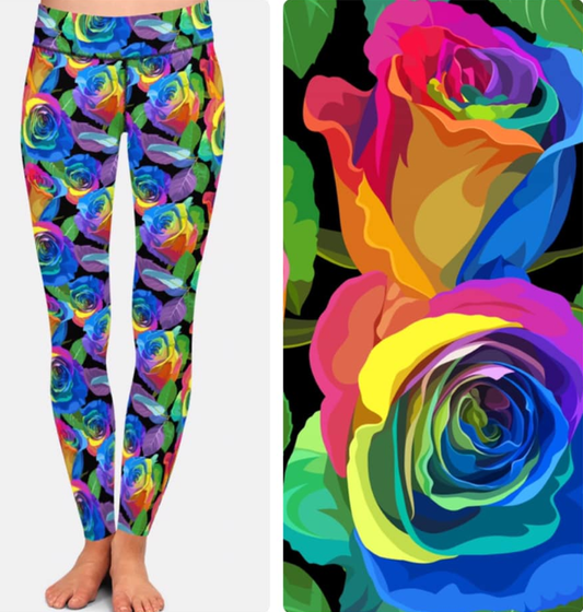 Colorful Dramatic Roses on Black with Grey Swirl background Leggings