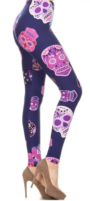 Navy Sugar Skull Leggings, Elastic Band