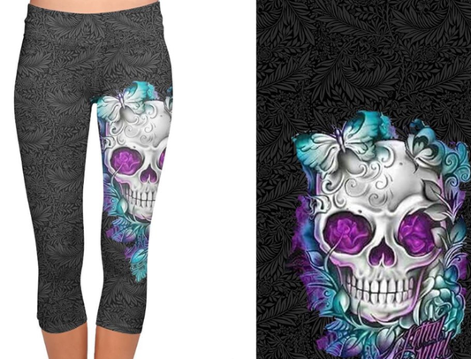 Black Gothic Skull & Butterfly CAPRI.  Yoga Band, Very Soft and Stretchy!