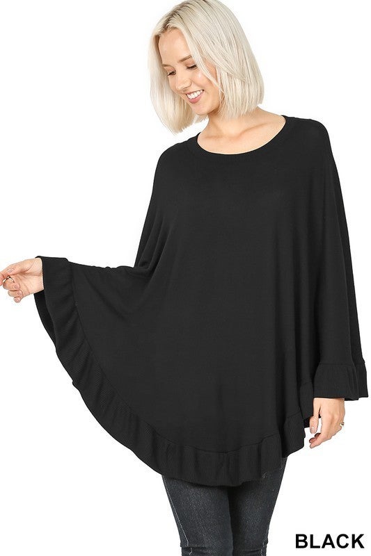 SMALL TO 3X!!! Ruffle Hem Pull Over Soft Poncho Sweater Shawl - Black