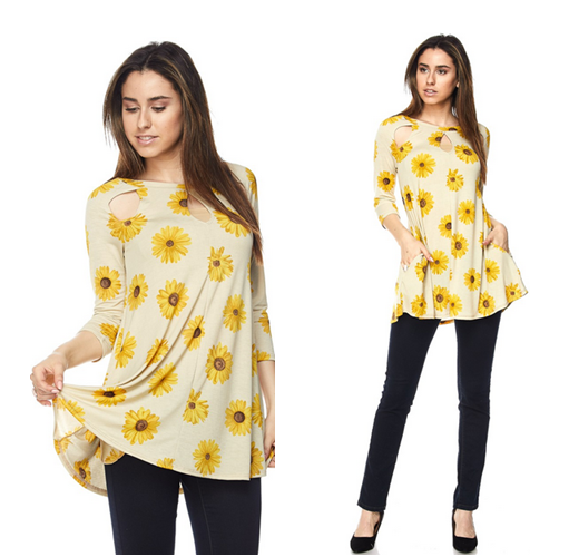 Only MEDIUM (fits LG) 3/4 Sleeve, Hidden Pockets, Petal Cleavage, Stretchy Sunflower Tunic, runs big