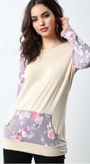 Small/Large Heather Wheat with Floral Kangaroo Pocket and sleeves