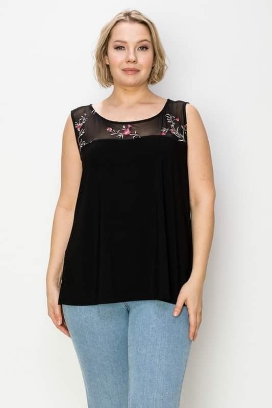 Gorgeous Floral Plus Size Embroidery Mesh Yoke Sleeveless Tank - Solid poly span knit fabric - Lightweight and stretchy - Round neckline