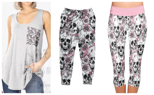 Skulls & Pink  Floral CAPRI (search top in our store). Soft & Stretchy!