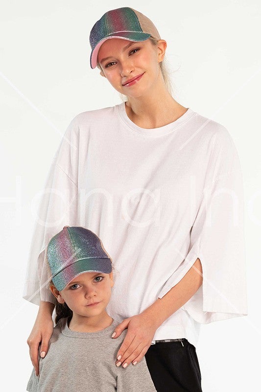 Ponytail Hat! Ombre Sparkle Glitter Criss-Cross Cap with Mesh